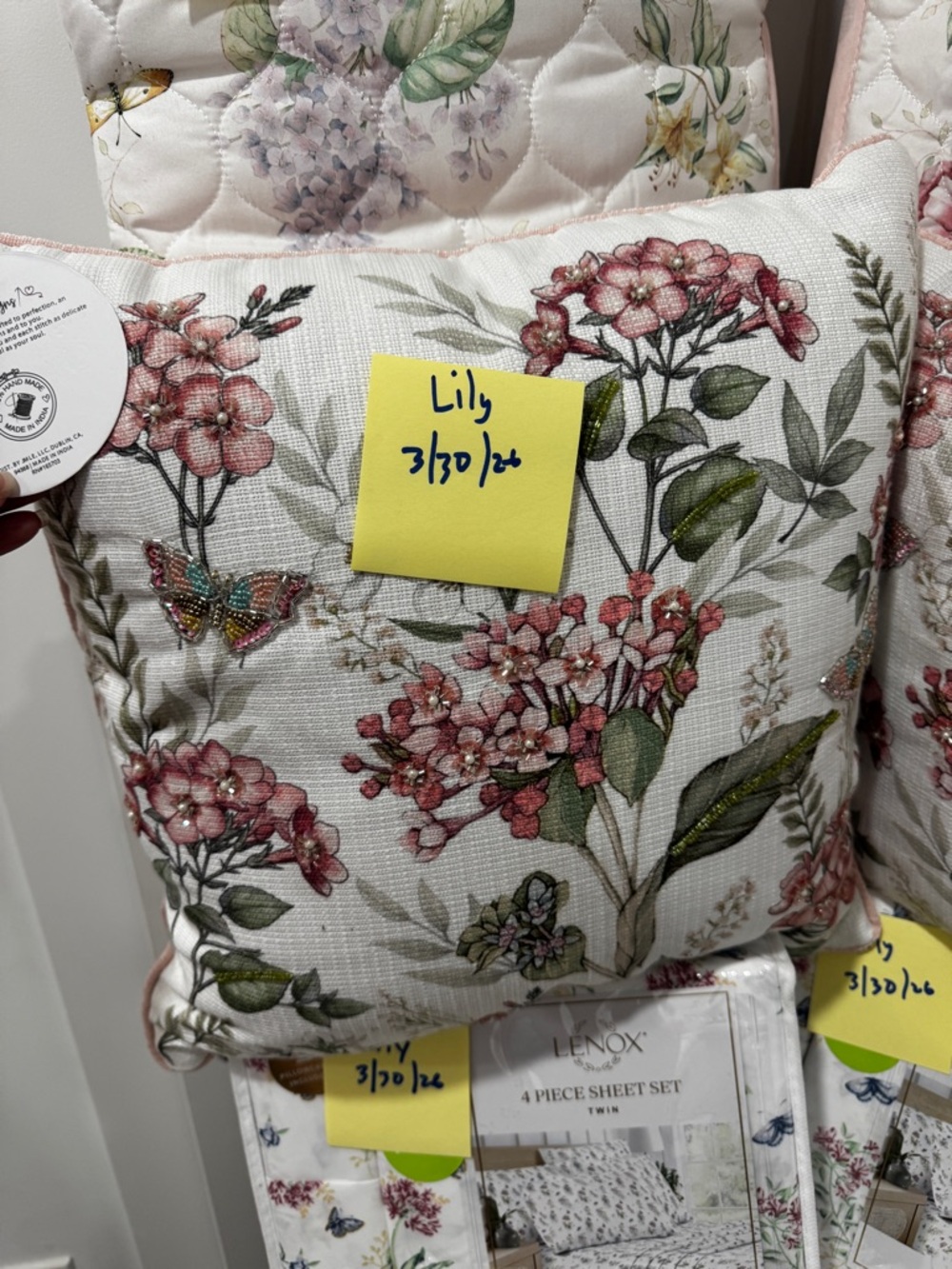 Non- Lenox butterfly meadow - Pink Floral Embellished Throw Pillow